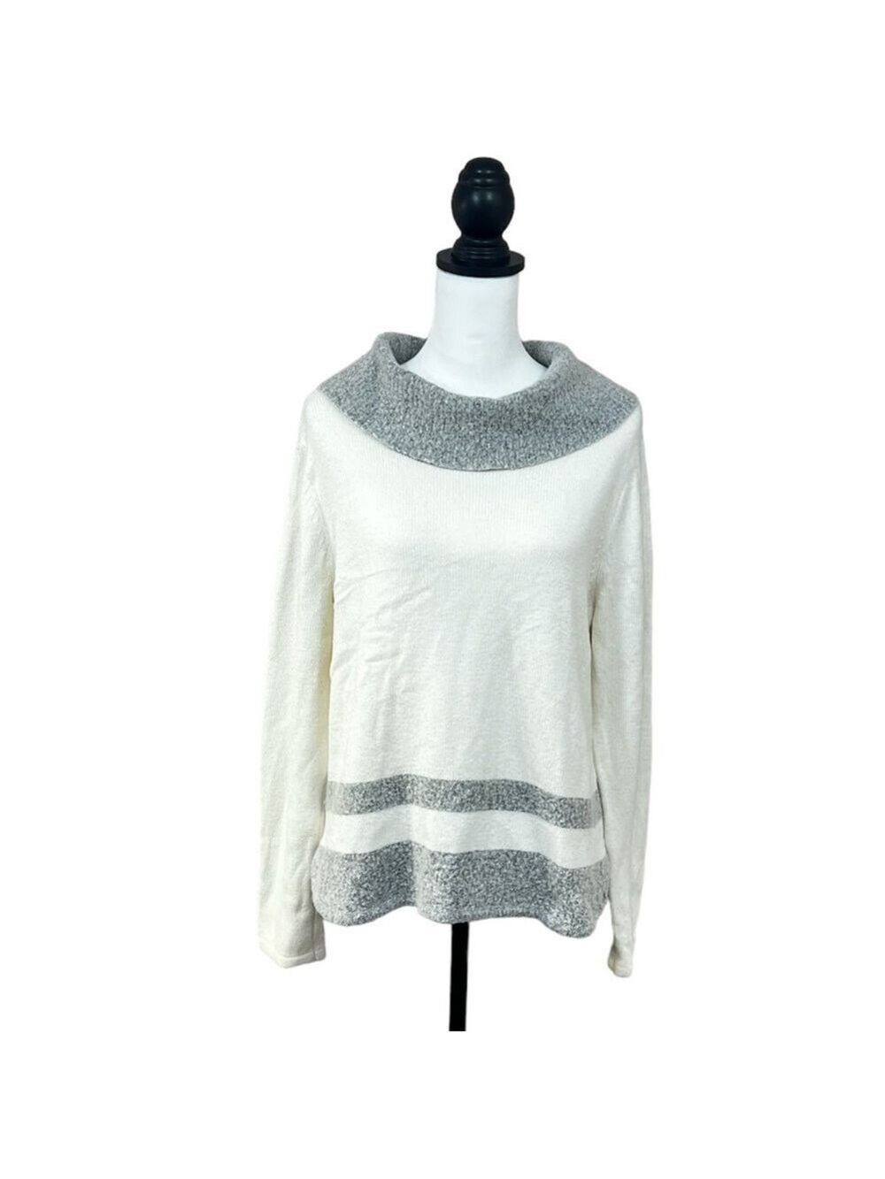 New York & Company Womens Long Sleeve Wool Cowl Neck White Gray Sweater Size XL